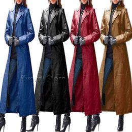 Jacket Long Women's Clothing Streetwear Solid Colour Steampunk Gothic Lapel Biker Jacket S-5XL Woman Faux Leather Trench Coat L220728