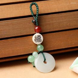 Keychains Natural White Jade Agates Stone Round Pendant KeyChain Hand-carved Lucky Amulet Keyring Gifts For Men And Women Luck Gift Miri22