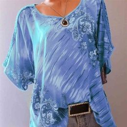 Women's Blouses Print Tunic O Neck Short Sleeve Loose Shirts Summer Tops Sexy Lace Casual Blouse Shirt Plus Size 5XL 210326