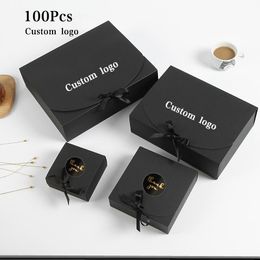 Gift Wrap 100pcs/Lot Custom Logo Black Colour Box Small Gifts Packaging Blank Kraft Paper Sizes And Printed PatternGift