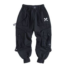 Techwear Ribbons Hip Hop Tactical Cargo Pants Men's Casual Letter Embroidery Streetwear Dance Sport Pencil Male Trousers 220325