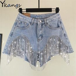 Women luxurious Tassel Fringed Hole Jeans Shorts Female High Waist Summer Fashion Designer Wide Leg Denim Shorts 220419