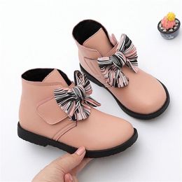 Winter Girls Ankle Boots Fashion Kids Boots Bow-knot Warm Cotton Princess Sweet Big Children Girl Ankle Shoes 3 Colors Cute LJ201201