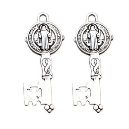 Antique Silver St Smqlivb Charm Benedict Medal Cross Key Spacer Pendants Alloy Handmade Jewellery DIY L1685 21x52.3mm 10PCS/LOT