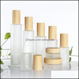Frosted Glass Bottle Cream Jar With Imitated Wood Lid Lotion Spray Pump Bottles Portable Cosmetic Container Jars 20Ml 30Ml 40Ml 50Ml 60Ml 80