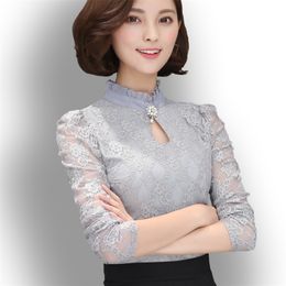 Women's Chiffon Lace Blouses Tops Feminine Long Puff Sleeved Shirt Ruffled Button Tops Plus Size 4XL Blusa Fiminina 210308