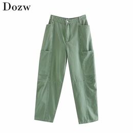 Streetwear Loose Mom Jeans Women Boyfriend Pockets Cargo Trousers Fashion High Waist Green Denim Pants Bottoms 210515