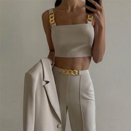 Chain Camis Top and Pants 2 Piece Sets Womens Skinny Cami Cropped Top Pencil Pants Suit Fashion Outfits Office Long Pants Top 220704