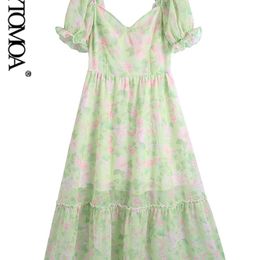 Women Fashion Floral Print Ruffled Chiffon Midi Dress Vintage Short Puff Sleeve Back Zipper Female Dresses Vestidos 220526