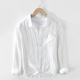 Men's Casual Shirts Style Pure Linen Striped Shirt Men Brand Long-sleeved White Comfortable Camisa Chemise Tops MensMen's