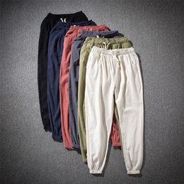 Cotton Linen Harem Pants Men Solid Elastic Waist Streetwear Joggers Baggy Drop crotch Casual Trousers Running 220719