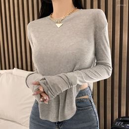 Women's T-Shirt Women's Autumn Sexy Show Figure Curved Hem Slim Solid Colour Round Neck Long-sleeved Top WomenWomen's Phyl22