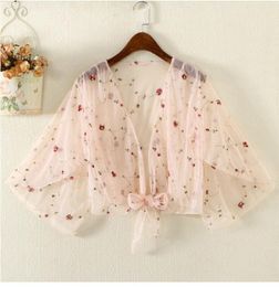 Women Sexy Top Beach T Shirts Swimsuit Floral Cardigan Thin Coat Mesh Embroidery Blouse Cover Up