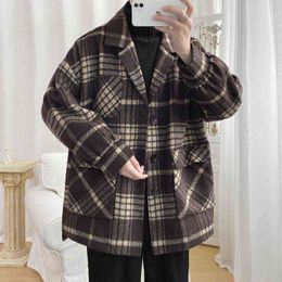 Men's Wool & Blends Winter Thick Plaid Woollen Coat Men Warmth Fashion Retro Oversized Jacket Korean Loose Short Mens Overcoat T220810