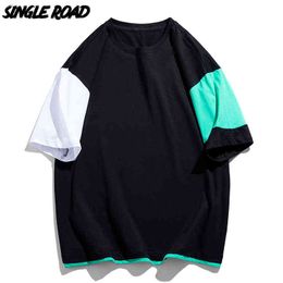 Single Road Men Oversized T-Shirt 2022 Summer Half Sleeve Tees Patchwork Tshirt Male Hip Hop Streetwear Harajuku T Shirt For Men Y220426