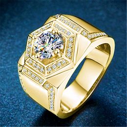 Fashion domineering open adjustable hexagonal group full of diamond ring plated yellow rose gold color business charming men's ring