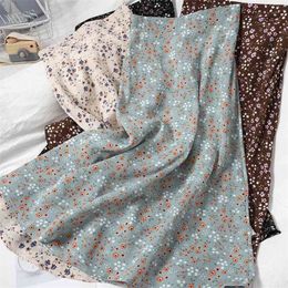 Fashion Summer chiffon beach Print skirt all-match high waist sweet floral skirt for womens Korean midi long vintage skirt 210331