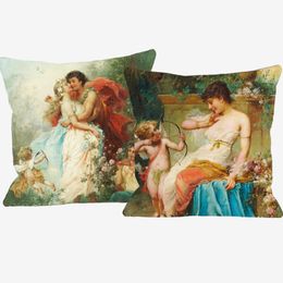 Pillow Case Hans Zatzka Famous Paintings Cushion Covers The Love Letter Lady Beautiful Woman Child Cupid Angel Print Pillow Case 220623