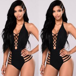 Women's Swimwear Sexy Hollow Out Women's Swimsuit Cross Back Bandage Monokini Bikini Bodysuit Solid Push Up Halter Summer Bathing SuitsW