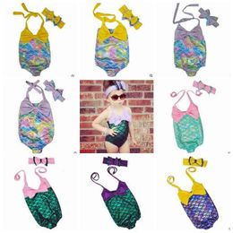 Mermaid Girl Swimsuit Kids Mermaid Tail Bikini Baby Fish Scale Swimwear Bow Headwear Cartoon Headband Bathing Suits Kids Swim Clothes B3925