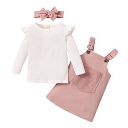Ma&Baby 1-5Y Cute Toddler Kid Girls Clothes Set Knitted Ruffles Tops Sweaters Button Dress Overalls Autumn Spring Outfits DD43 220507