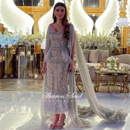 Bling Gray Mermaid Arabic Evening Dress with Cape Luxury Feather Crystal Dubai Prom Formal Dresses for Women Wedding Party Gowns 220705