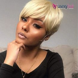 Blonde Human Hair Pixie Cut Wigs For Black Women Short virgin Blond Non Lace Front Wig Full Machine Wigs (613)