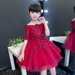 Girl's Dresses Red Tulle Kids For Wedding Appliques Lace Off Shoulder Party Dress Christmas Girls First Communion Costumes