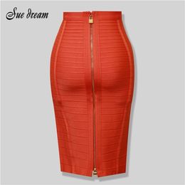 High Quality Women's Sexy Black Red Blue Orange Zipper Rayon Bandage Skirt Bodycon Club Party Pencil Skirt 210315