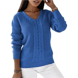 Women long sleeve v-neck twist knitted sweater White pink red green black blue tops 2022 spring casual oversized clothes