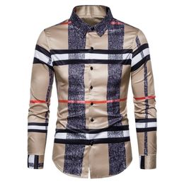 6XL Business Casual Plaid Shirt Men's Formal Workwear Wedding Dress Slim Social Party Clothes Khaki Checked 220322