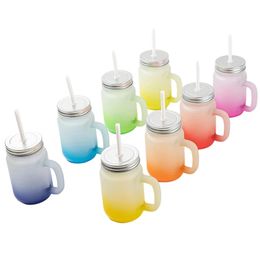 Sublimation Blanks Mugs 15oz Mason Glass Cup Tumbler Gradient Frosted Glass Juice Jar Beverage Drinking Cups Beer Mug With Straws And Handles 8 Colours