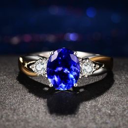 Wedding Rings Exquisite Two Tone Gems Open Ring Oval Cut Blue Zircon Bridal Jewelry Engagement Party Women Fine JewelryWedding