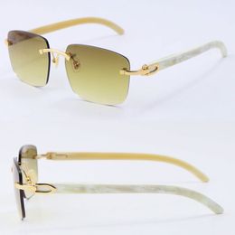 Großhandel berühmte weiße Büffelhorn-Sonnenbrille Designer Frau Metall randlos Männer Frauen 8300816 Echte natürliche Horn-Sonnenbrille Herrenmode Rahmengröße: 54-18-140 mm