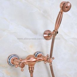 Bathroom Shower Sets Antique Red Copper Wall Mounted Faucet Set Mixer W/ Hand Sprayer Dual Handle And Cold Water Kna294Bathroom