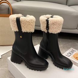 Fashion PVC Boots Beeled Fur High heels Knee-high tall Rain Boot Waterproof Welly Rubber Soles Platform Shoes Outdoor Rainshoes