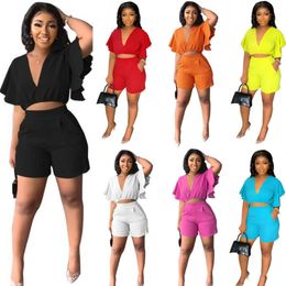 Ruffle Short V-neck Top Summer Women Short Outfits Tracksuits 2023 Street Trend Two Piece Sets Designer Round Neck Short Sleeve Shorts Outfits S-XXL