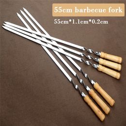 56pcs 55cm BBQ Skewers Long Handle Shish Kebab Barbecue Grill Sticks Wood BBQ Fork Stainless steel Outdoor Grill Needle Bags 220531