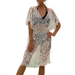 Women's Swimwear Hirigin 2022 Women's Hollow Out Beach Dress Sexy Short Sleeve Sheer Crochet Swimsuit Cover Up Bench WearWomen's