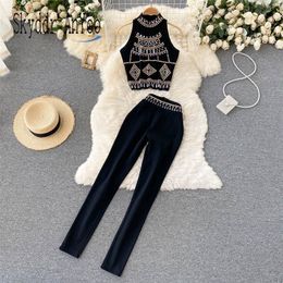 Autumn Womens Two Peice Sets Beaded Chic Cropped Tops And High Waist Slim Women's Long Pants Fashion Set Woman 2 Pieces 220315