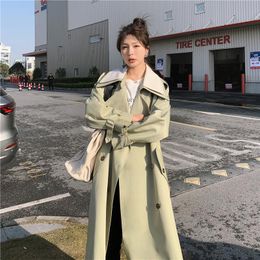 Women's Trench Coats England Style Elegant Women Coat Long Double-Breasted Duster For Lady Outerwear Double-Layer Collar Light GreenWomen's