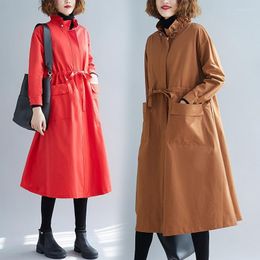 Women's Trench Coats Oversize Coat Female Korean Stand Collar Drawstring Waist Long Windbreakers Spring Autumn Overcoat Women Basic