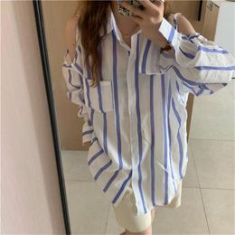 Women's Blouses & Shirts Alien Kitty Stylish Thin Striped Casual Off Shoulders Sexy Loose 2022 Sunscreen OL Autumn All Match Women Tops