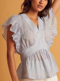 Women's Blouses & Shirts Women's Striped Sleeveless Ruffled Shirt Top Patchwork V-Neck Back Elastic Waist 2022 Female Summer Elegant Sli