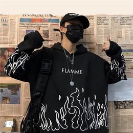 Streetwear ladies flame print pullover oversized Harajuku style hoodie plus size winter sweatshirt Korean streetwear top 220811