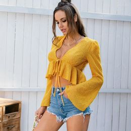 Women's T-Shirt 2022 Spring And Autumn Fashion Yellow Knit Sweater Top Style Sweet Solid Color V-neck Ruffled Lace Knitted Women Tops