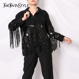 TWOTWINSTYLE Patchwork Sequin Tassel Jacket For Women Lapel Long Sleeve Casual Oversized Jackets Female Fashion Style 201029
