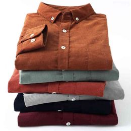 Casual Mens Corduroy Shirt Pure Cotton Long Sleeve Brown Thick Winter XXL Regular Fit Model Male Button Down 210331