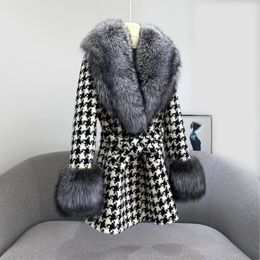 Women's Fur & Faux 2022 Winter Coat Houndstooth Collar Short Silver Court Fashion Clothing Warm Overcoats Long Cuff