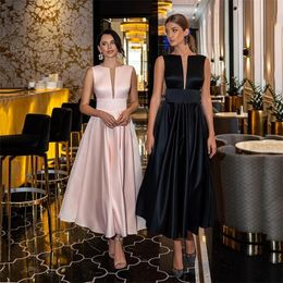 Custom Colour Tea-Length Satin Evening Dress Illustion V-Neck Sleeveless Gown Sexy Backless A-Line Prom W220421